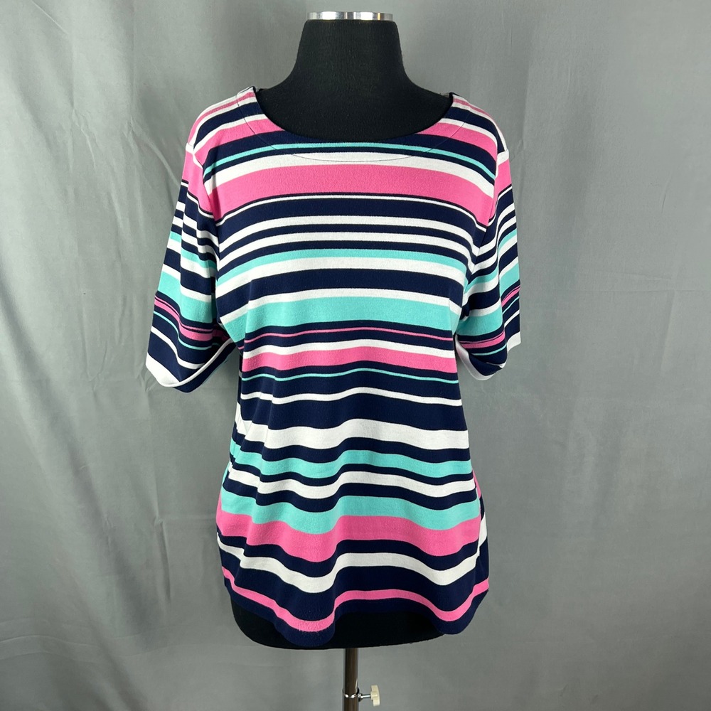 Allison Daley T Shirt Women Large Multicolor Striped Cotton Blend Round Neck